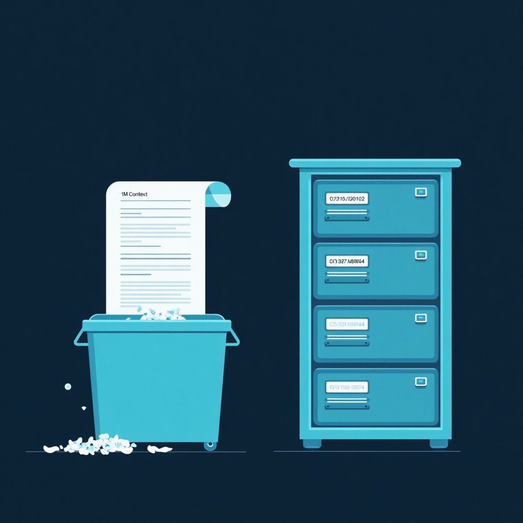 Split view: 1M context scroll being shredded vs organized library catalog memory system