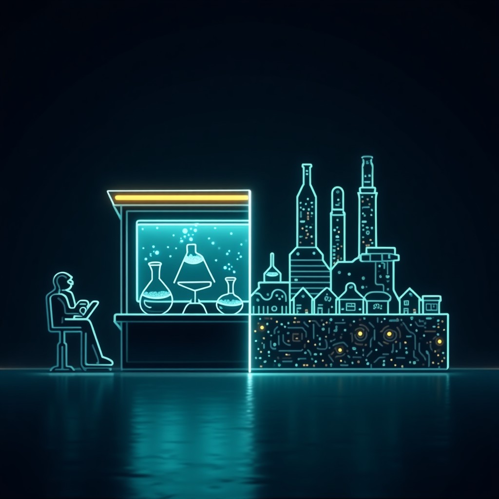 Science fair booth vs factory production line split view